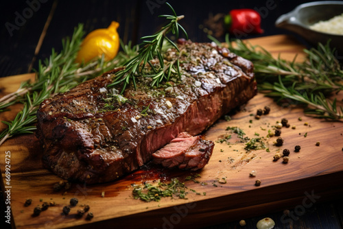 Grilled beef steak on cutting board with rosemary and spices on black background