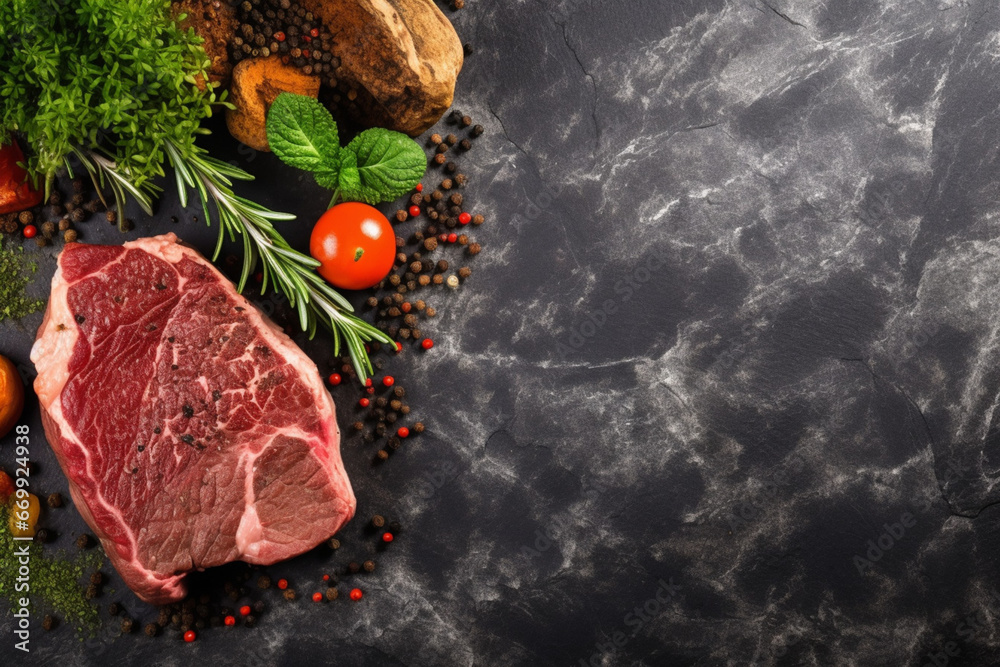 Raw beef steak with spices and herbs on black background, top view