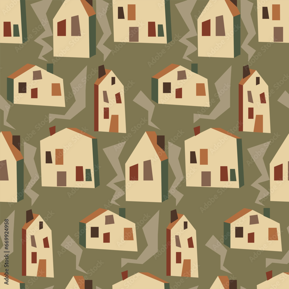 Seamless pattern with geometric light houses and smoke. It can be used for fabric, wrapping paper, scrapbooking, textiles, posters, banners and other decoration. Houses on a light background