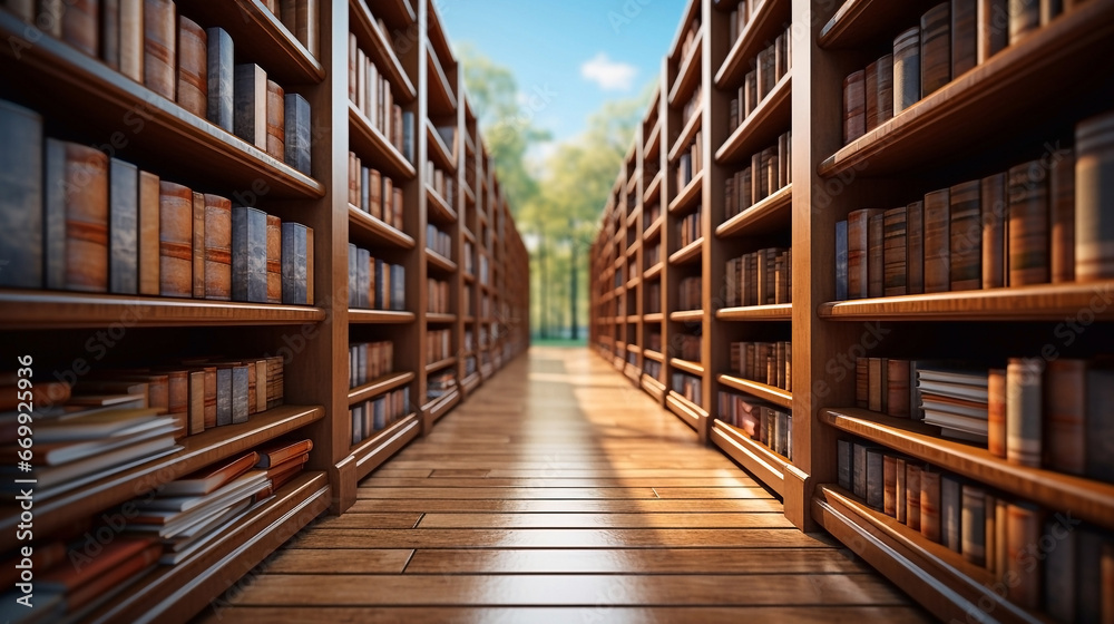 Illustration of rows of books in a library. Wallpaper, background.