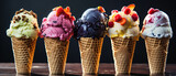 Various of ice cream flavor in cones
