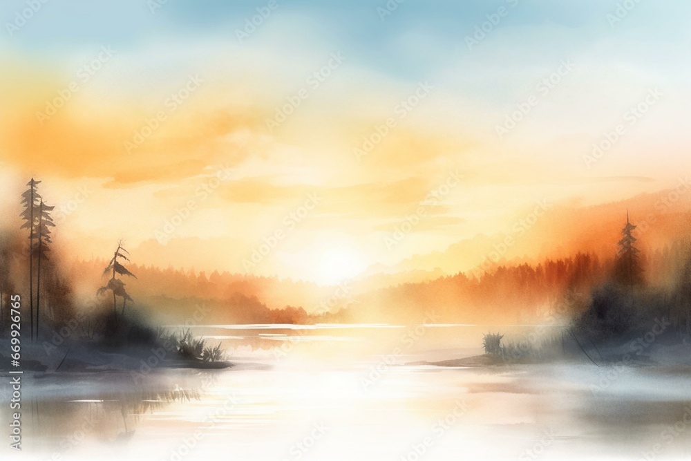 Sunrise lake panorama with mist and glowing sun in a digital watercolour painting. Generative AI