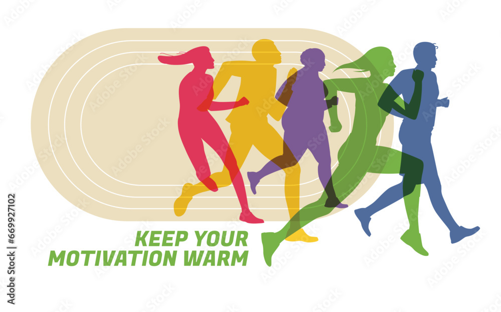 Different color shapes of runners and joggers. Advertisement of competitions, sports clubs, maraphone, healthy lifestyle. Vector flat illustration