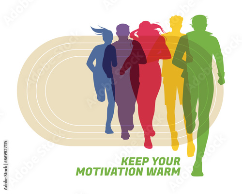 Different color shapes of runners and joggers. Advertisement of competitions, sports clubs, maraphone, healthy lifestyle. Vector flat illustration