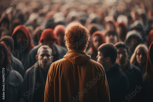 View from behind of a person facing an indifferent crowd.loneliness concept