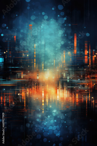 abstract background of data visualization with city buildings skyline. © Anciens
