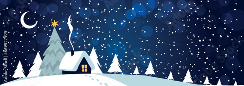 Winter background with copy space for text. Snowy Christmas landscape with a house and a New Year tree, night snowfall on Christmas Eve, holiday card. Vector cartoon flat illustration.
