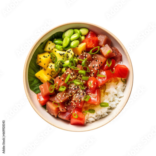 Hawaiian poke bowl. Cut-out, isolated element on transparent background. AI generative.