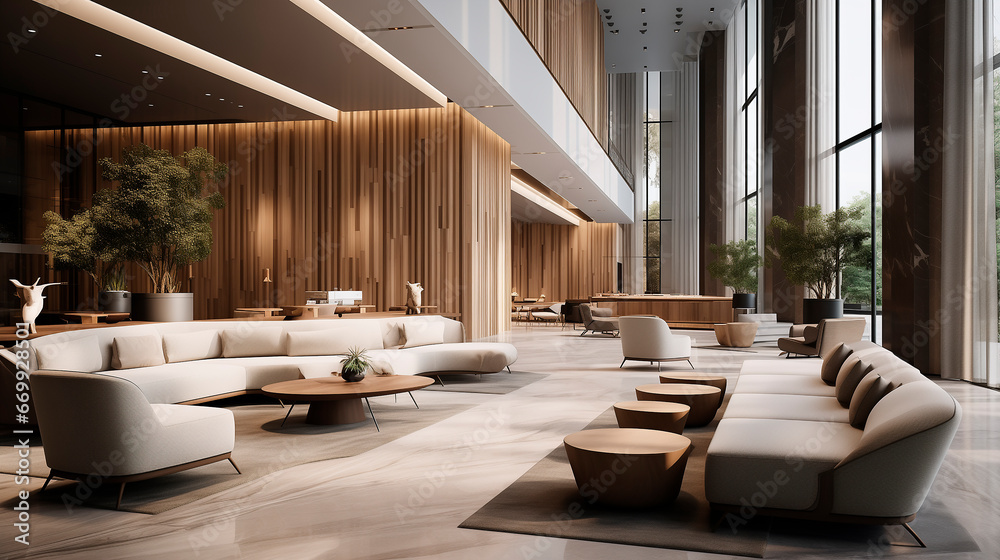 Modern reception lobby area and interior design of a luxury Hotel 