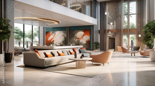 Modern reception lobby area and interior design of a luxury Hotel 