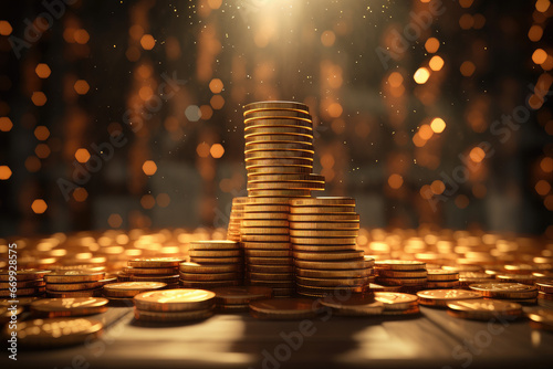 many coins are stacked together on the table.  photo