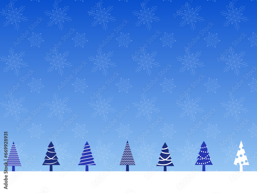 雪の結晶の背景のクリスマスツリーのフレーム/青