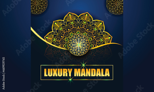  blue and gold decorative mandala design background. Creative luxury mandala background with golden arabesque pattern .