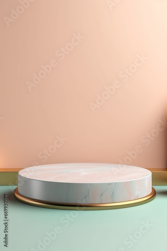 Abstract cylinder pedestal podium display. Beige and green marble with gold details. Product presentation, mock up, show natural cosmetic product © SappiStudio