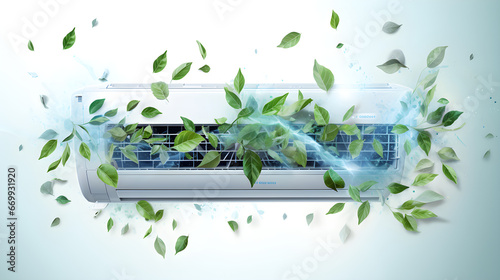 air conditioner blowing cold air with snowflakes and green leaves, strong cold air with snowflakes and green leaves on light white background, highly detailed, high resolution, intricate detail,