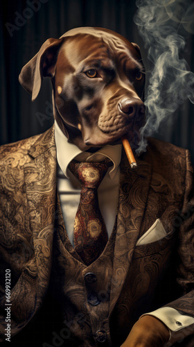 Dog dressed in an elegant suit, standing as a leader and a confident gentleman, smoking a cigarette. Fashion portrait of an anthropomorphic anima posing with a charismatic human attitude.