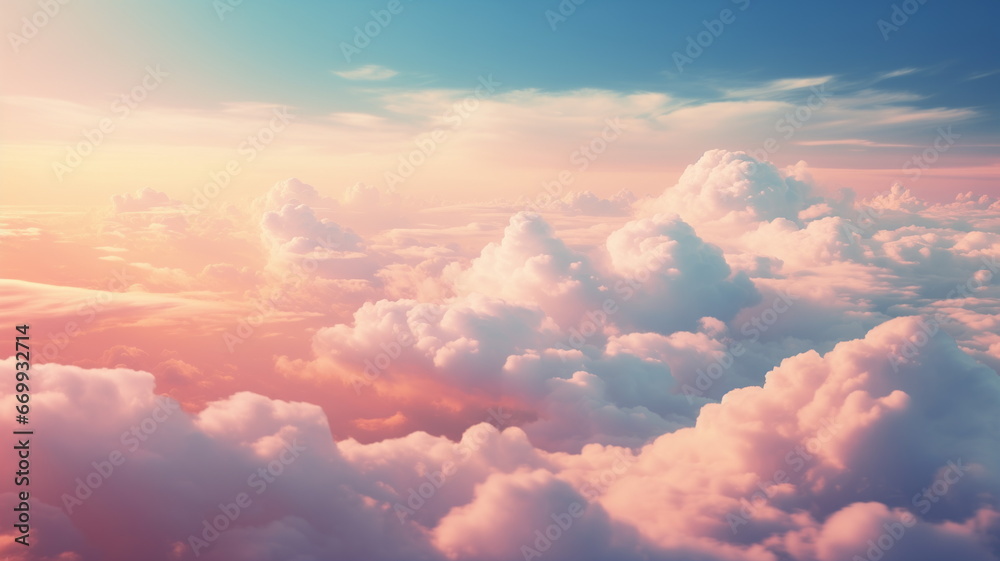 Pink blue clouds at sunset, cloudy air, flying in the sky, landscape sky at dawn. 3d render - obrazy, fototapety, plakaty 