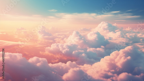 Pink blue clouds at sunset, cloudy air, flying in the sky, landscape sky at dawn. 3d render photo