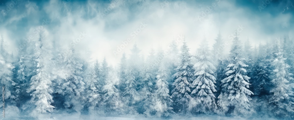 abstract  blue winter snowfall  forest background with blured snowy trees , winter and christmas concept, copy space for text, banner card wallpaper