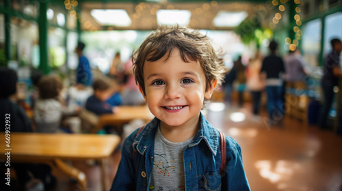 Portrait of a little schoolboy on the background of the school room