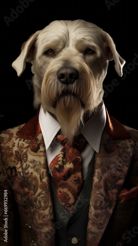 Dog dressed in an elegant suit with a nice tie. Fashion portrait of an anthropomorphic animal posing with a charismatic human attitude