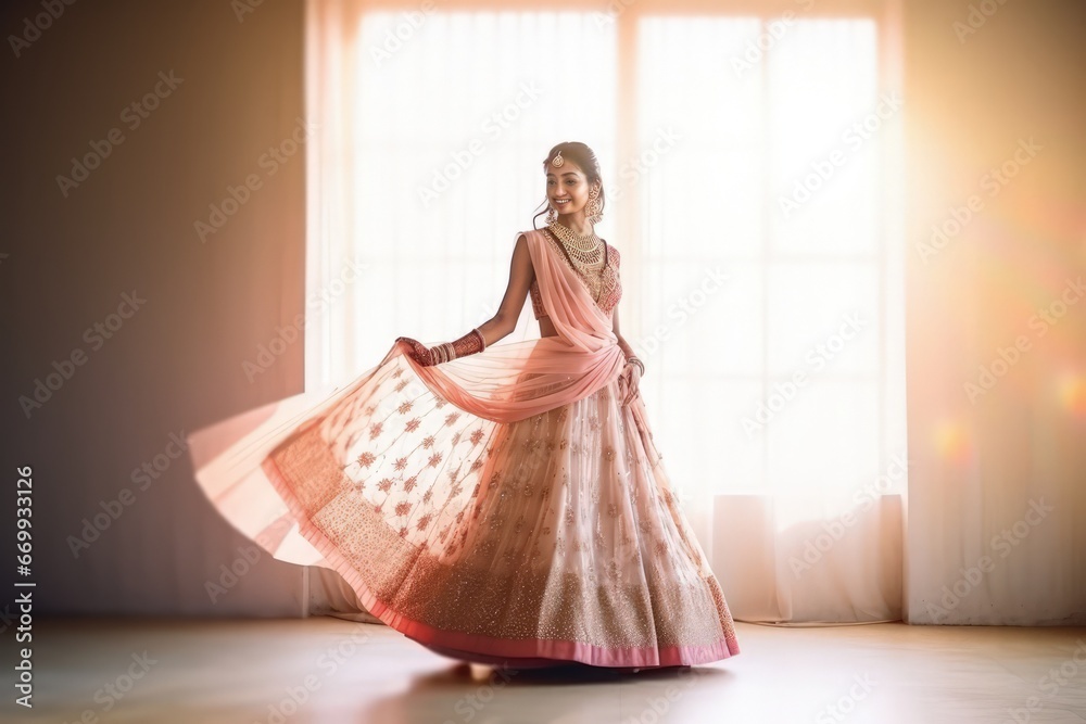 beautiful indian bride in a red designer lehenga photography - obrazy, fototapety, plakaty 