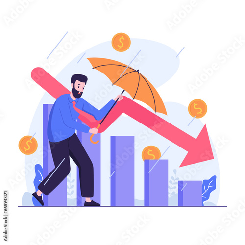 businessman uses an umbrella to withstand the rainstorm of financial loss