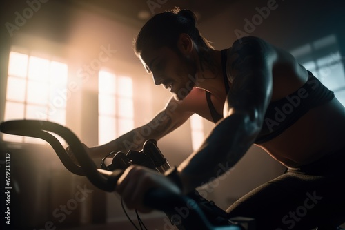 healthy young female in sportwear running on treadmill photo