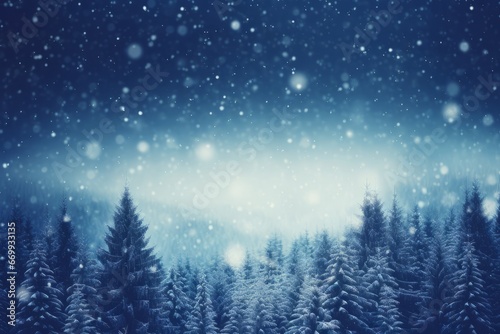 abstract  blue winter snowfall  forest background with blured snowy trees , winter and christmas concept, copy space for text, banner card wallpaper © XC Stock
