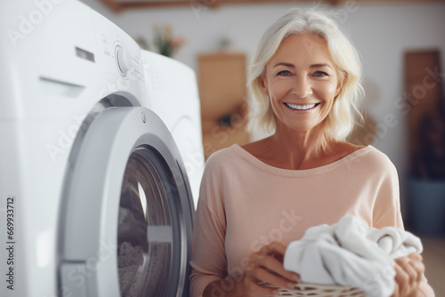 Photo of mature senior female with laundry