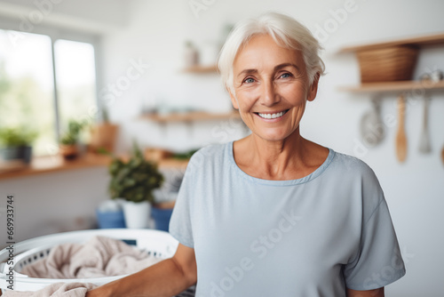 Photo of mature senior female with laundry photo