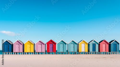 Minimalistic image of a row of colourful, woden beach huts on a sandy beach. The sky is a clear blue and the sand is a light beige. 