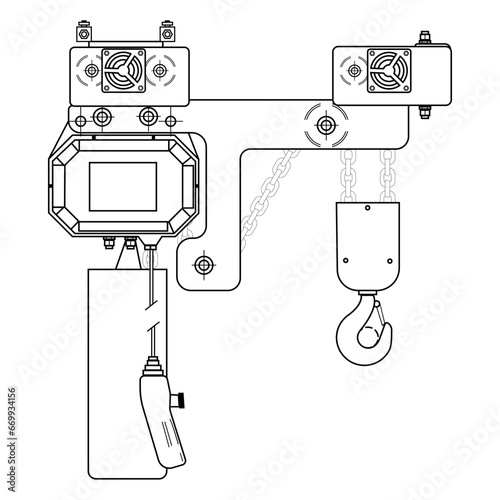 Chain hoist. Schematic drawing. Outline drawing. White background.