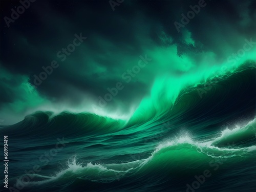 Big waves in ocean. AI generated illustration