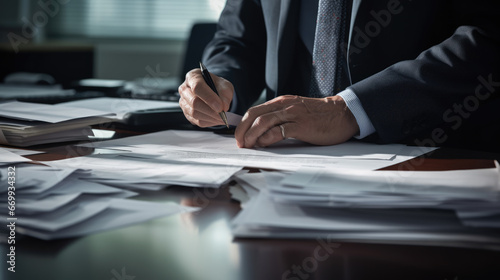 Businessman hands working in Stacks of paper files for searching information on work desk in office, business report papers.