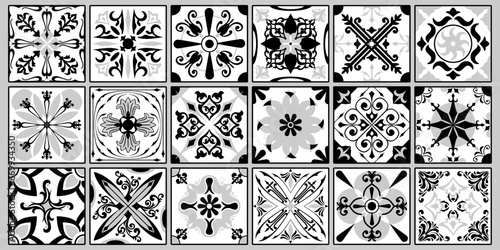 Vector set of tiles background in black and white. For wallpaper, backgrounds, decoration for your design, ceramic, page fill and more.