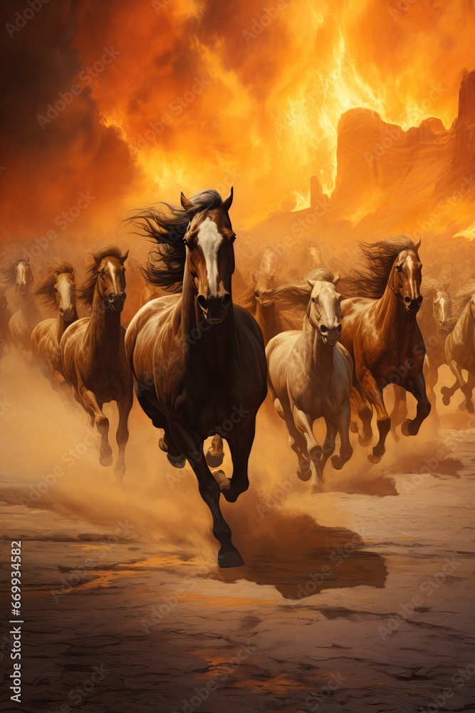 Fototapeta premium group of horses, horse paintings picture for wall decoration. Generative AI