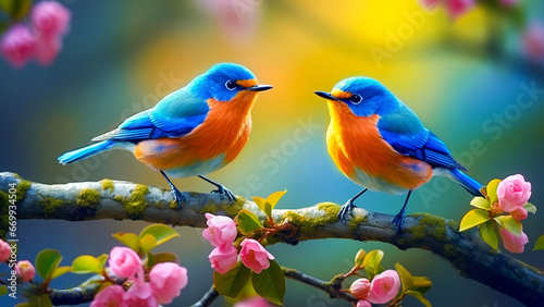 a blue bird sitting on branch with pink flowers, Generative AI