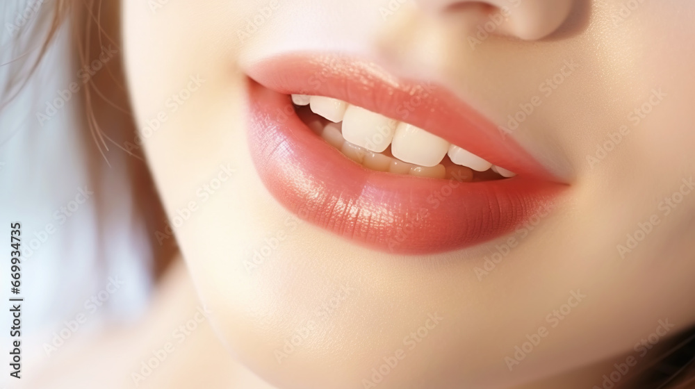 Obraz premium Closeup of beautiful smile of young woman with healthy white teeth. Healthcare concept. Generative AI