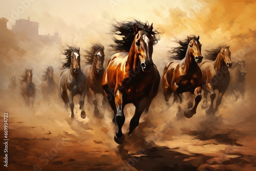 group of horses, horse paintings picture for wall decoration. Generative AI photo