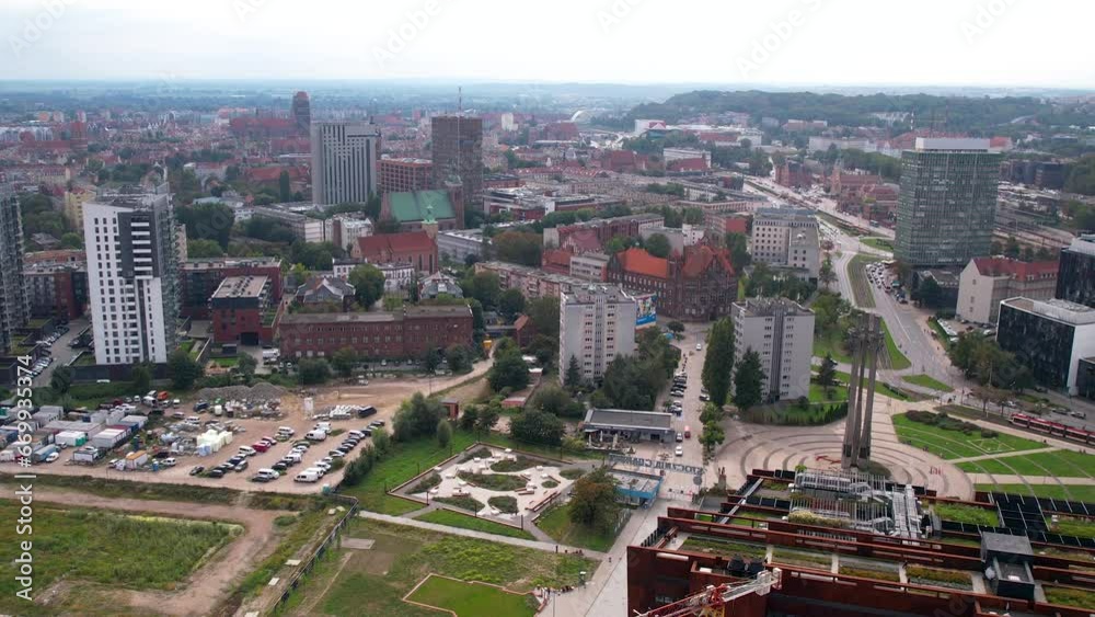 Aerial panorama view showing center of Gdansk City during sunny day with apartment blocks and housing area Aerial panorama view showing center of Gdansk City during sunny day with apartment blocks and housing area