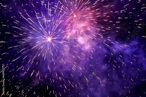 Illustration of fireworks exploding in bright purple-blue tones with smoke and reflections.