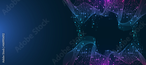 Quantum computer technologies concept. Futuristic blue circuit board background vector. Modern technology circuit board texture background design. Waves flow. Quantum explosion technology.