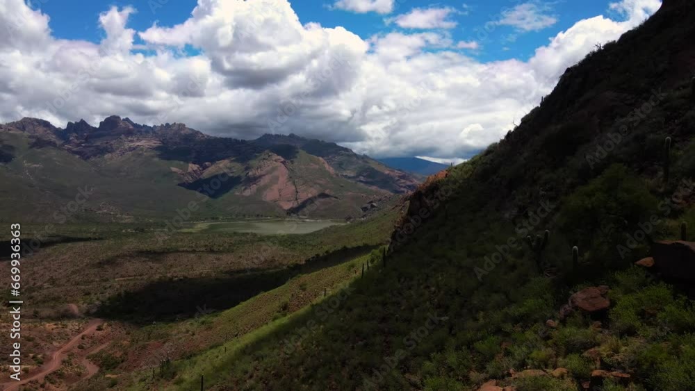 Drone shot flying close to a hillside towards a lake in Salta, Argentina. Drone shot flying close to a hillside towards a lake in Salta, Argentina.