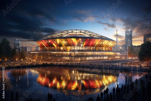 Large sports stadium in the city near the water. Dark sky with clouds over the stadium. Sports competition concept. Created by artificial intelligence