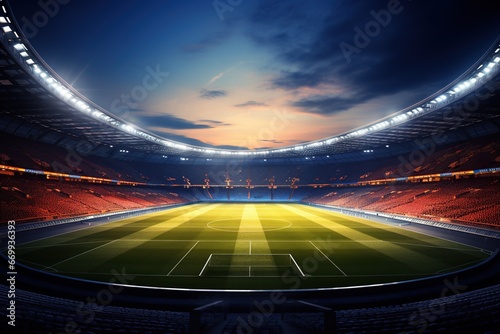 An empty stadium for playing football, soccer in the open air in the bright rays of floodlights. Dark sky with clouds over the stadium. Sports competition concept. Generated by artificial intelligence