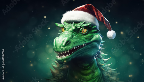Green Chinese dragon in santa claus hat, new year concept © terra.incognita