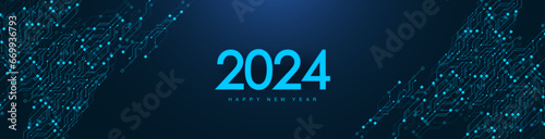 Template New Year and Happy Christmas cards in the style of new technology 2024. Christmas 2024 year on printed circuit board. Digits 2024 in electronic technology style