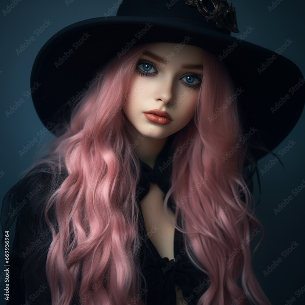 a girl with long pink hair with big blue eyes, wearing black hat like witch a girl with long pink hair with big blue eyes, wearing black hat like witch