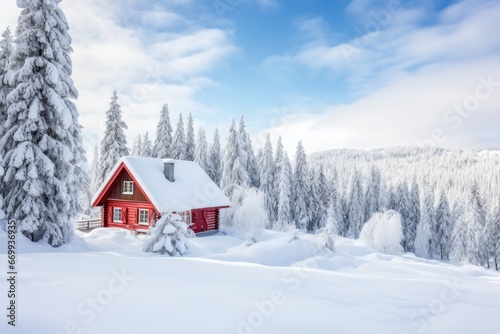 A picturesque snowy landscape with a cozy cabin, ideal for promoting holiday travel destinations. Generative Ai © bluebeat76